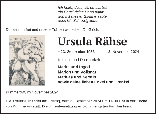 Traueranzeige von Ursula Rähse von Nordkurier Mecklenburger Schweiz