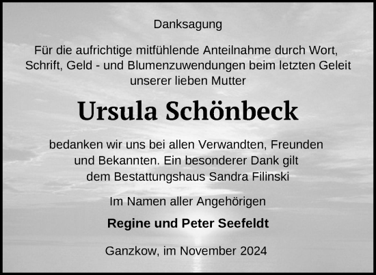 Traueranzeige von Ursula Schönbeck von Nordkurier Neubrandenburger Zeitung