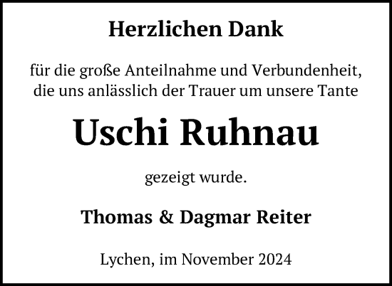 Traueranzeige von Uschi Ruhnau von Uckermark Kurier Templiner Zeitung