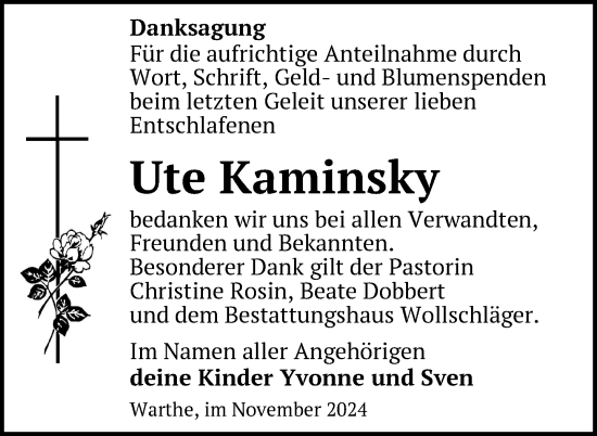 Traueranzeige von Ute Kaminsky von Uckermark Kurier Templiner Zeitung