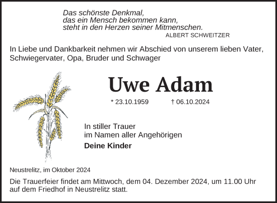 Traueranzeige von Uwe Adam von Nordkurier Strelitzer Zeitung