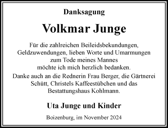 Traueranzeige von Volkmar Junge von Hagenower Kreisblatt