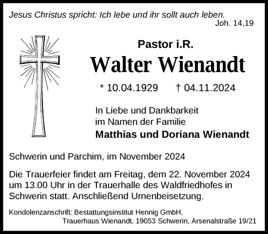 Traueranzeige von Walter Wienandt von Parchim und Lübz