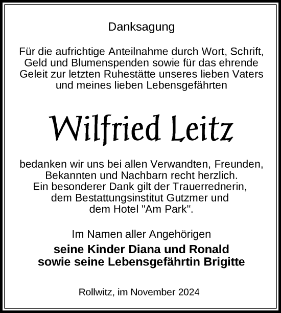 Traueranzeige von Wilfried Leitz von Nordkurier Pasewalker Zeitung