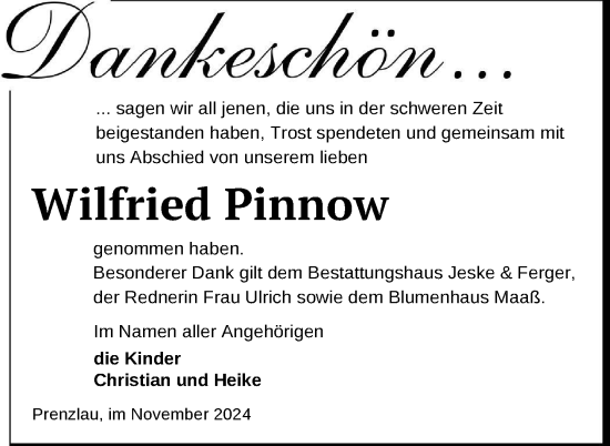 Traueranzeige von Wilfried Pinnow von Uckermark Kurier Prenzlauer Zeitung