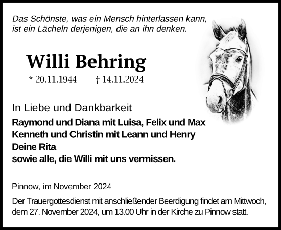 Traueranzeige von Willi Behring von Zeitung für die Landeshauptstadt