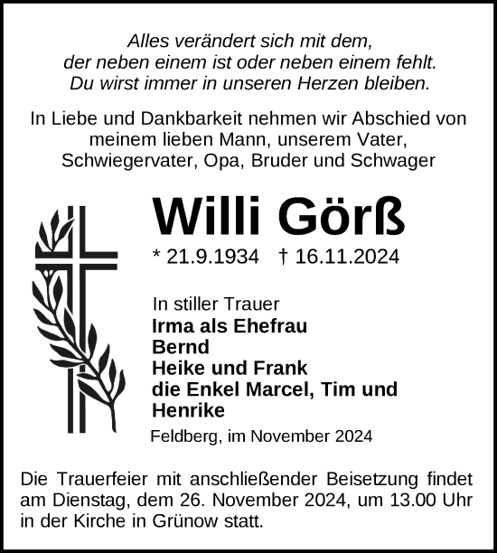 Traueranzeige von Willi Görß von Nordkurier Strelitzer Zeitung