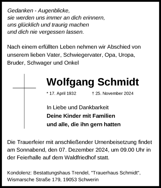 Traueranzeige von Wolfgang Schmidt von Zeitung für die Landeshauptstadt