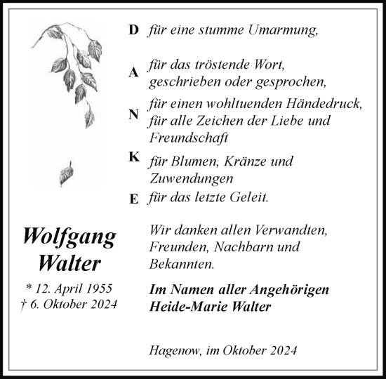 Traueranzeige von Wolfgang Walter von Hagenower Kreisblatt