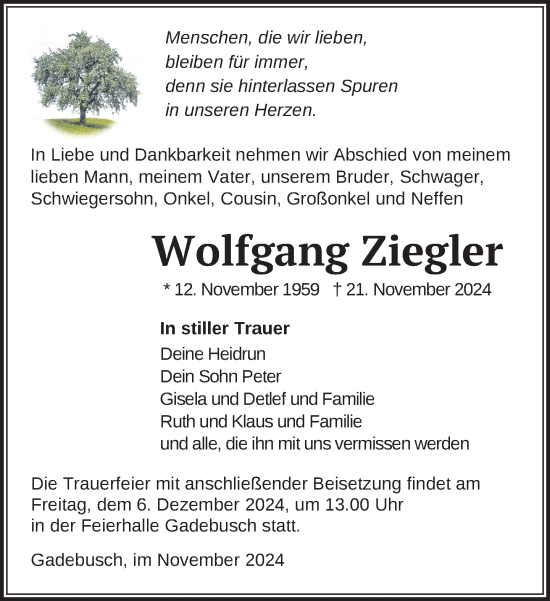 Traueranzeige von Wolfgang Ziegler von Gadebusch - Rehnaer Zeitung