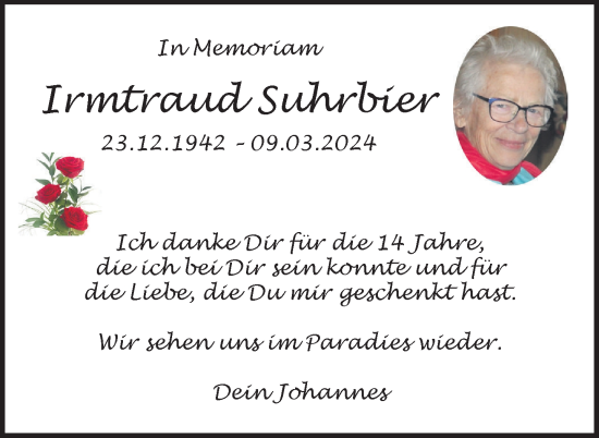 Traueranzeige von Irmtraud Suhrbier von Nordkurier Müritz-Zeitung