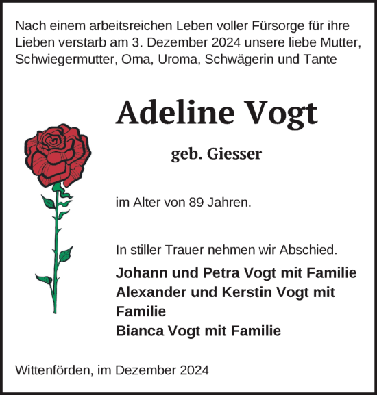 Traueranzeige von Adeline Vogt von Zeitung für die Landeshauptstadt