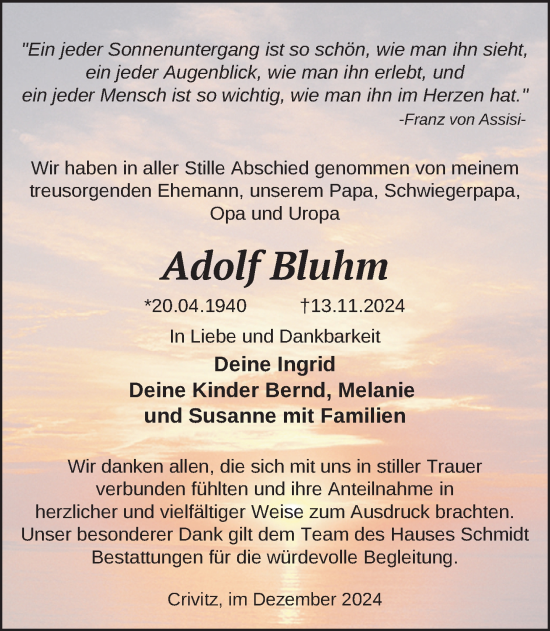 Traueranzeige von Adolf Bluhm von Zeitung für die Landeshauptstadt