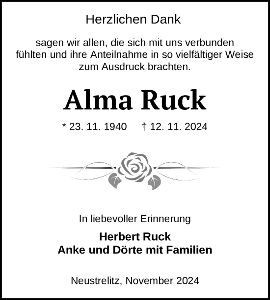 Traueranzeige von Alma Ruck von Nordkurier Strelitzer Zeitung