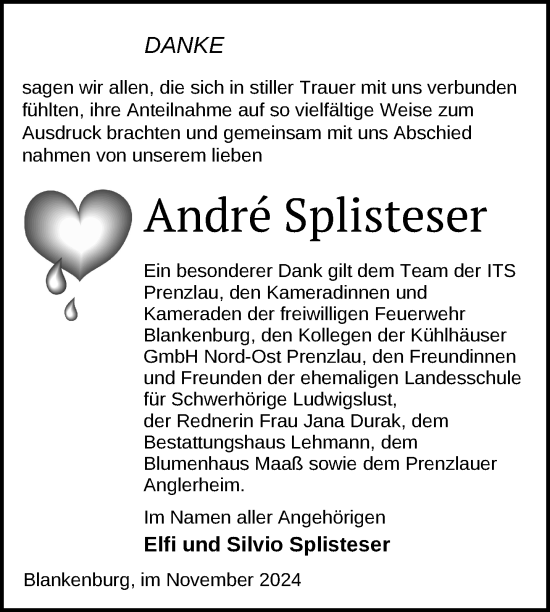 Traueranzeige von Andre Splisteser von Uckermark Kurier Prenzlauer Zeitung