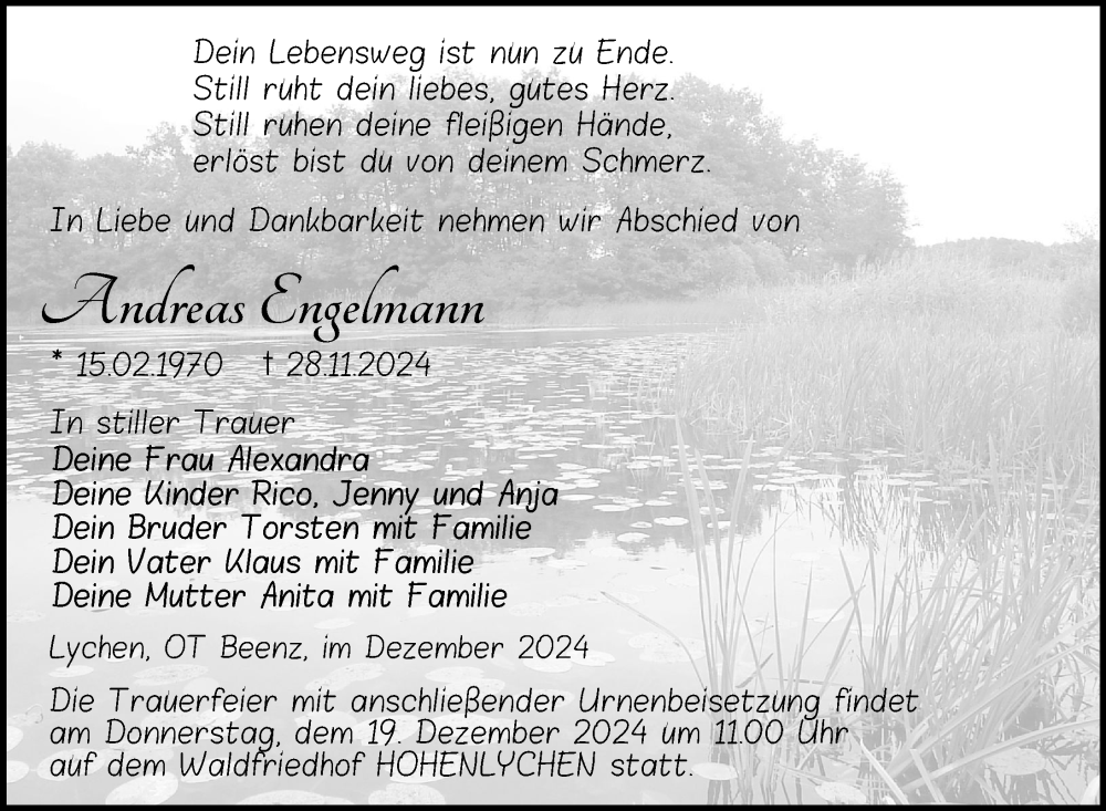  Traueranzeige für Andreas Engelmann vom 06.12.2024 aus Uckermark Kurier Templiner Zeitung