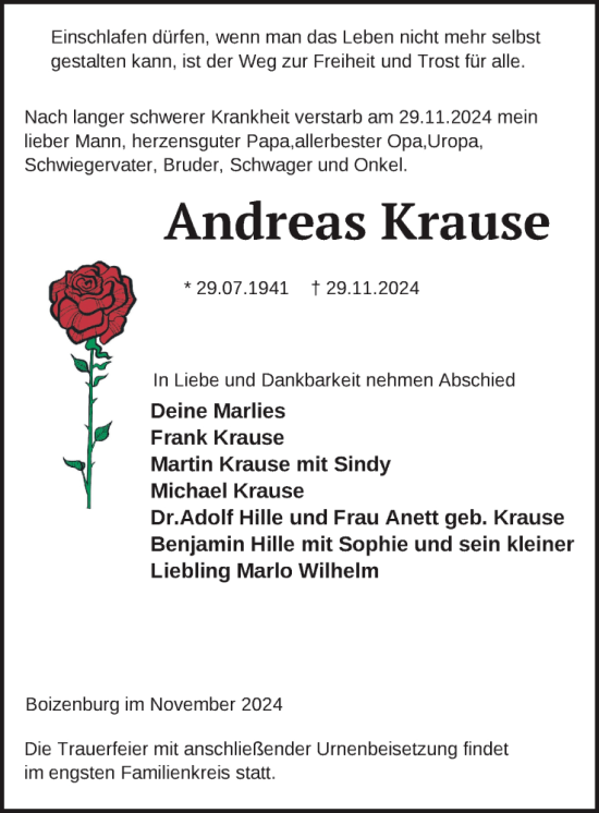 Traueranzeige von Andreas Krause von Hagenower Kreisblatt