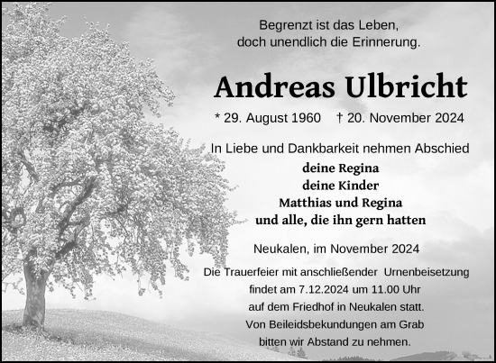 Traueranzeige von Andreas Ulbricht von Nordkurier Mecklenburger Schweiz