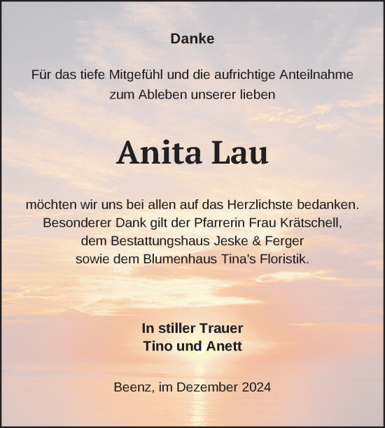 Traueranzeige von Anita Lau von Uckermark Kurier Prenzlauer Zeitung