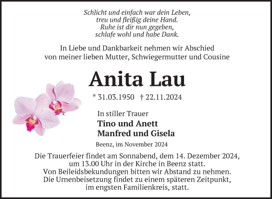 Traueranzeige von Anita Lau von Uckermark Kurier Prenzlauer Zeitung