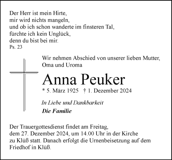 Traueranzeige von Anna Peuker von Ludwigsluster Tageblatt