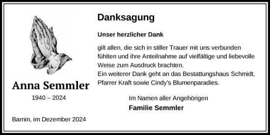 Traueranzeige von Anna Semmler von Zeitung für die Landeshauptstadt