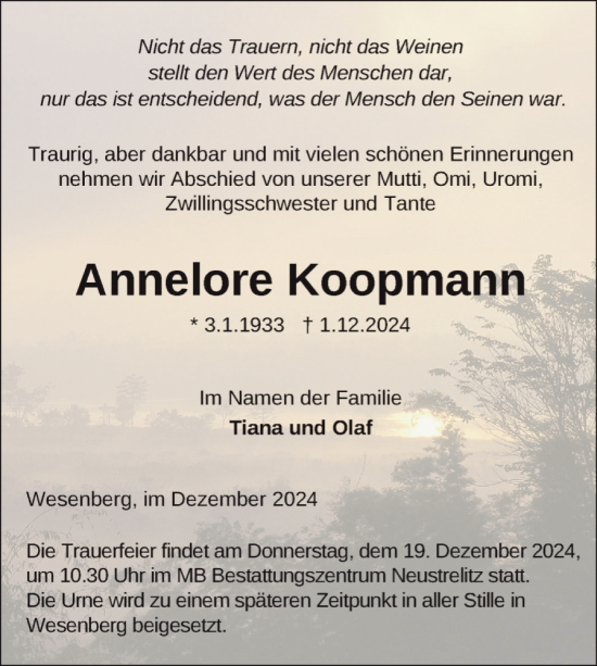 Traueranzeige von Annelore Koopmann von Nordkurier Strelitzer Zeitung