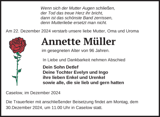 Traueranzeige von Annette Müller von Nordkurier Pasewalker Zeitung