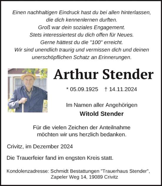 Traueranzeige von Arthur Stender von Zeitung für die Landeshauptstadt