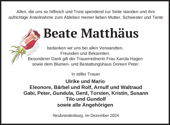 Traueranzeige von Beate Matthäus von Nordkurier Neubrandenburger Zeitung