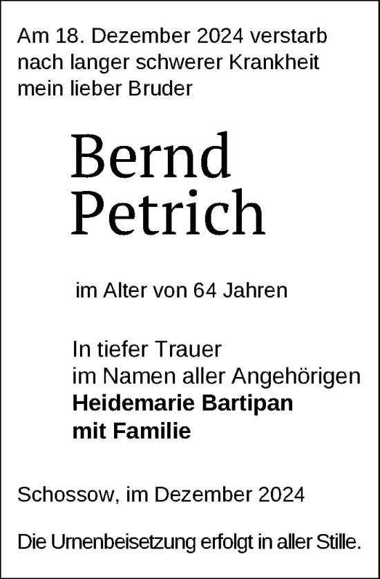 Traueranzeige von Bernd Petrich von Nordkurier Neubrandenburger Zeitung