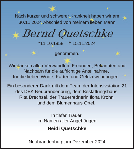 Traueranzeige von Bernd Quetschke von Nordkurier Neubrandenburger Zeitung