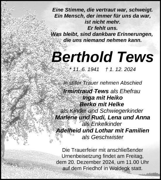 Traueranzeige von Berthold Tews von Nordkurier Strelitzer Zeitung