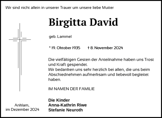 Traueranzeige von Birgitta David von Nordkurier Vorpommern Kurier