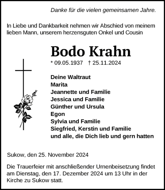 Traueranzeige von Bodo Krahn von Zeitung für die Landeshauptstadt