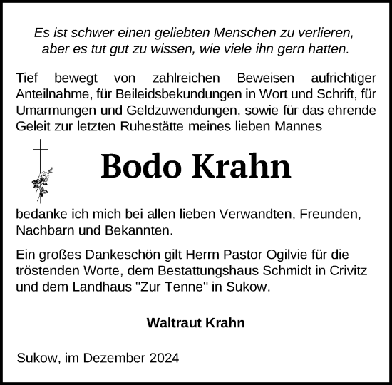 Traueranzeige von Bodo Krahn von Zeitung für die Landeshauptstadt