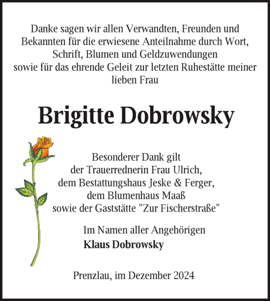 Traueranzeige von Brigitte Dobrowsky von Uckermark Kurier Prenzlauer Zeitung