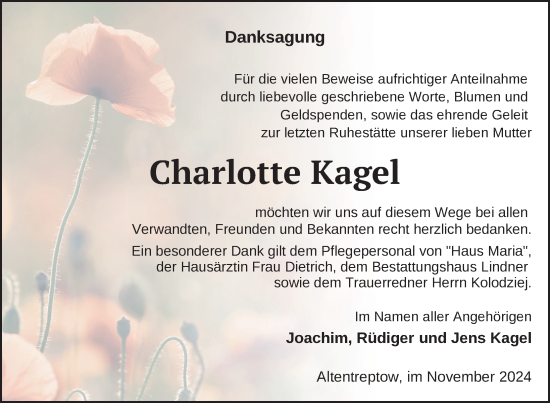 Traueranzeige von Charlotte Kagel von Nordkurier Neubrandenburger Zeitung