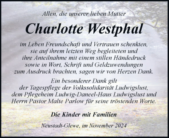 Traueranzeige von Charlotte Westphal von Ludwigsluster Tageblatt