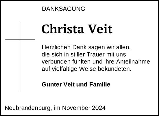 Traueranzeige von Christa Veit von Nordkurier Neubrandenburger Zeitung