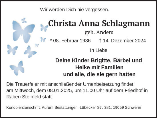 Traueranzeige von Christa Anna Schlagmann von Zeitung für die Landeshauptstadt