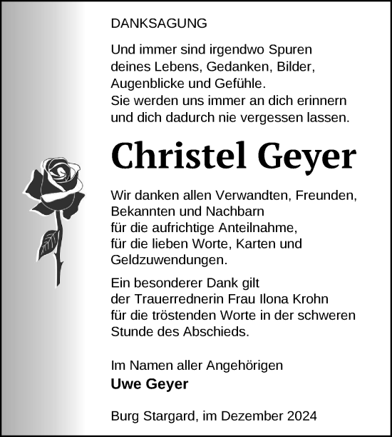 Traueranzeige von Christel Geyer von Nordkurier Neubrandenburger Zeitung