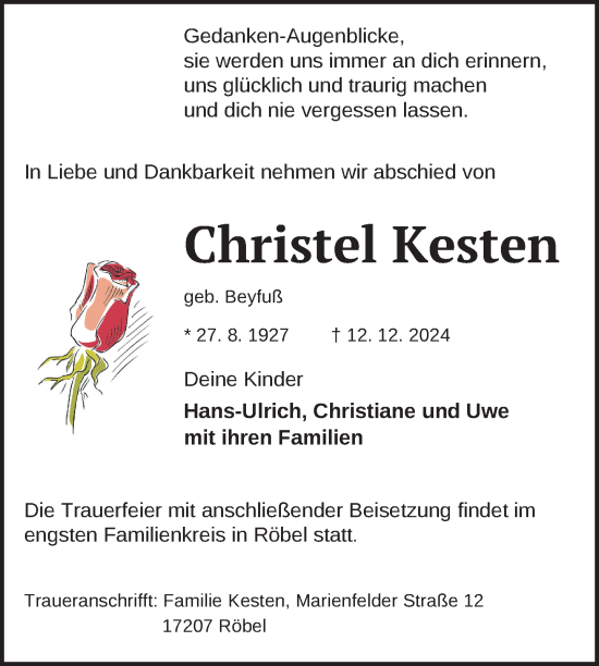 Traueranzeige von Christel Kesten von Nordkurier Müritz-Zeitung