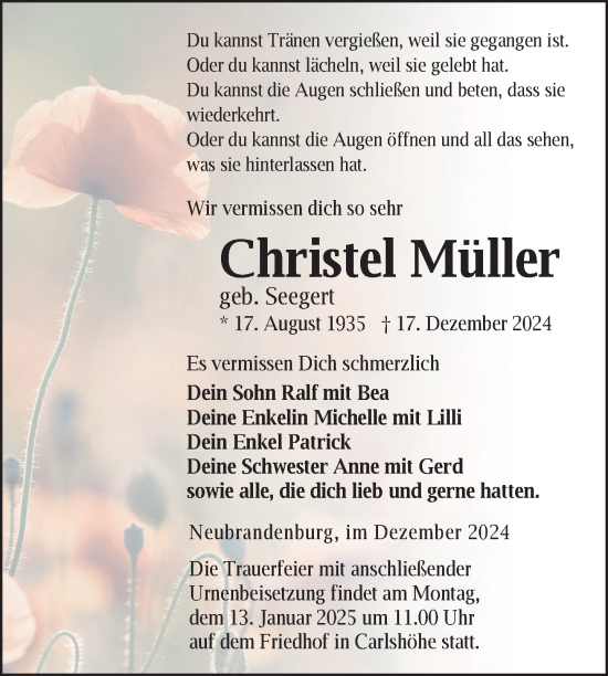 Traueranzeige von Christel Müller von Nordkurier Neubrandenburger Zeitung