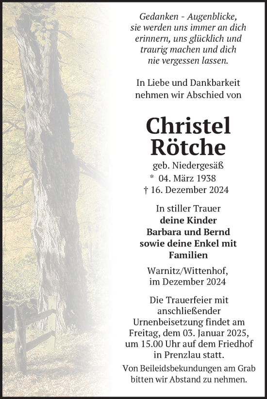 Traueranzeige von Christel Rötche von Uckermark Kurier Prenzlauer Zeitung