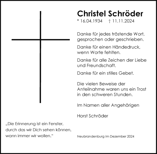 Traueranzeige von Christel Schröder von Nordkurier Neubrandenburger Zeitung