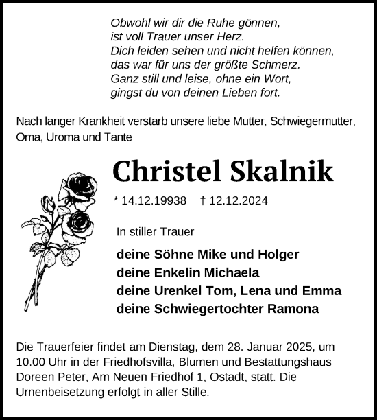 Traueranzeige von Christel Skalnik von Nordkurier Neubrandenburger Zeitung