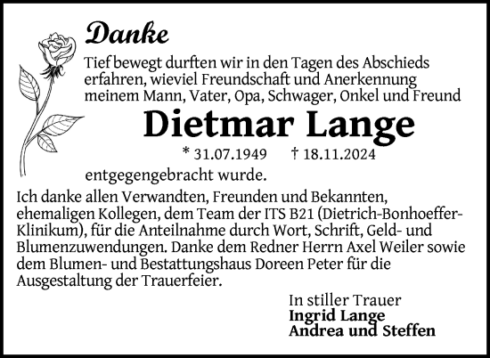 Traueranzeige von Dietmar Lange von Nordkurier Neubrandenburger Zeitung