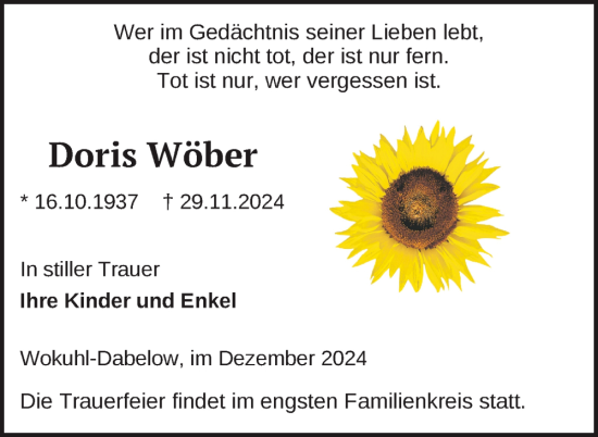 Traueranzeige von Doris Wöber von Nordkurier Strelitzer Zeitung