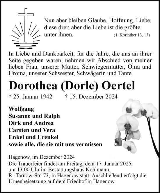 Traueranzeige von Dorothea Oertel von Hagenower Kreisblatt